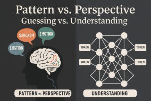 Illustration comparing human perspective with machine pattern recognition in language processing