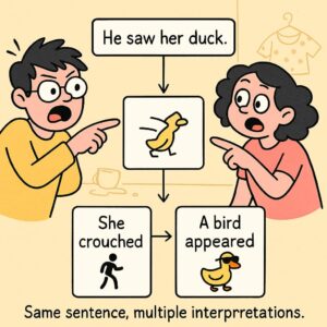 Ambiguity in language visualized through sentence 'He saw her duck' with multiple meanings