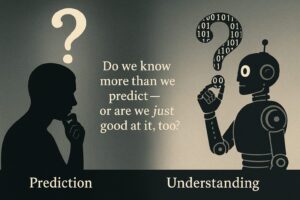 Human vs machine understanding of language represented by a thinking figure and a robot