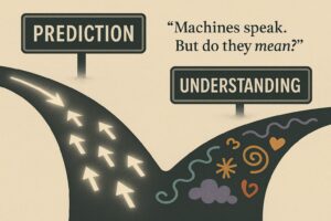 Forked path representing prediction vs understanding in AI and human language